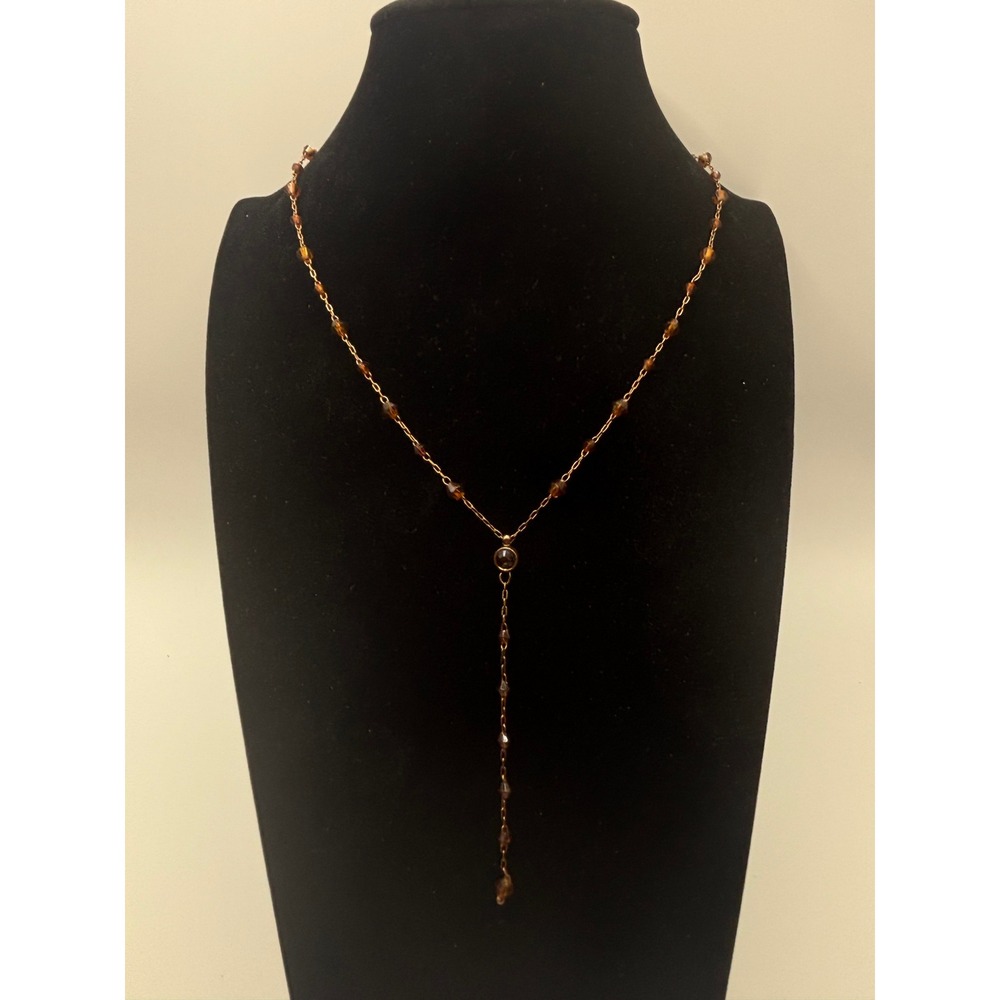 1928 Jewelry Copper Tone Amber Beaded Y-Necklace Vintage Style 15 Inch